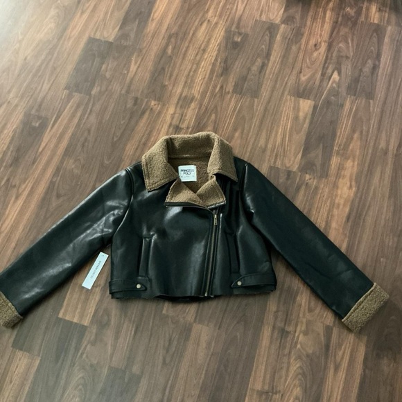 Princess Polly NWOT Shearling Trim Faux Leather jacket black. - Picture 1 of 7